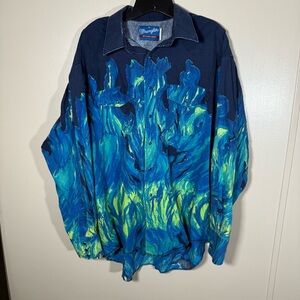 Vintage 90s Wrangler Western Pearl Snap Blue Flame Long Sleeve Shirt Size XL